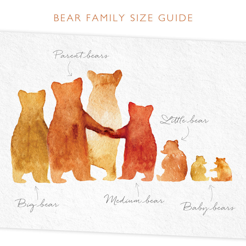 Bear family size guide. Shows the size and description of each family member. From left to right we see 'big bear', 'parent bear', 'medium bear', 'little bear' and 'baby bear'.