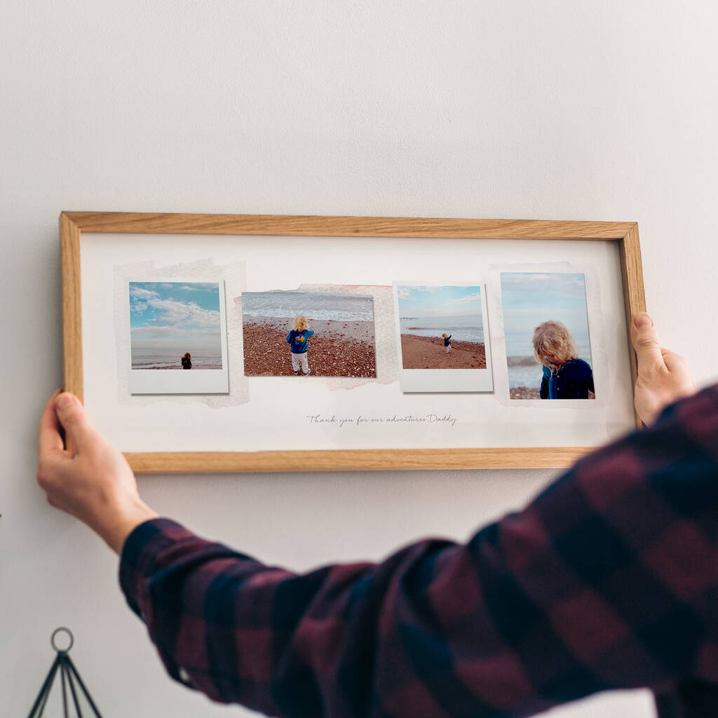 A personalised photo print, with four photos arrange across the length of the print. Personalised words are beneath the photos.