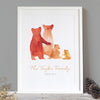 A personalised family bear print in a black frame: The watercolour style illustrated family of bears show two parent bears, a child, and a baby bear. Underneath the customised words say 'The Taylor Family - Since 2012'.