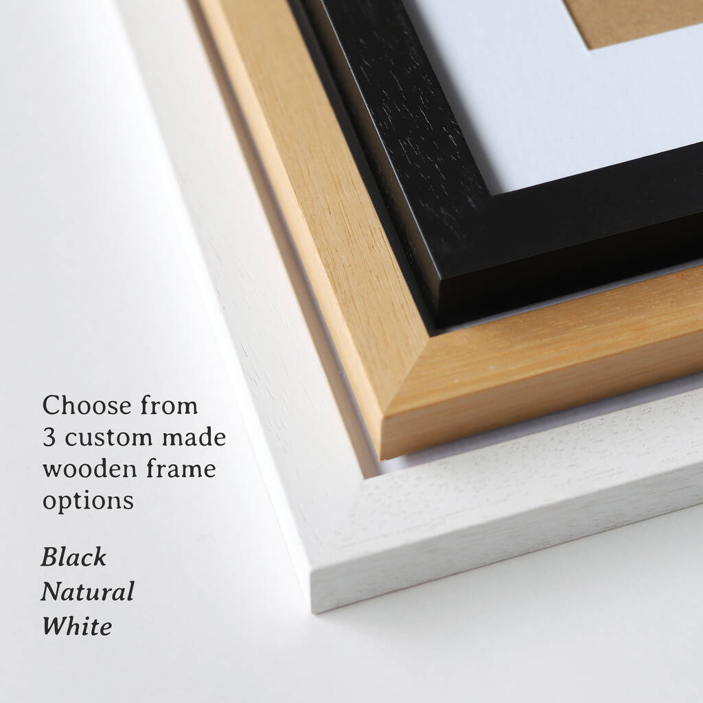 The corner of three frames are shown. With the words 'choose from 3 custom made wooden frame options, Black, Natural, White'.