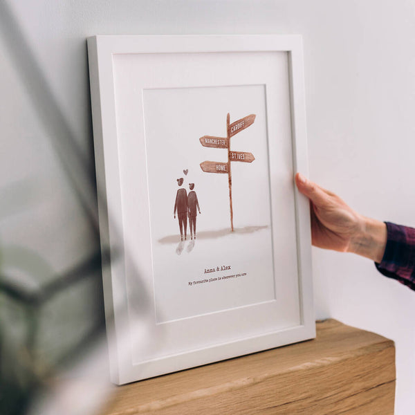 This unique personalisable print features an original illustration of a couple standing beside a customisable signpost, highlighting up to five meaningful destinations.