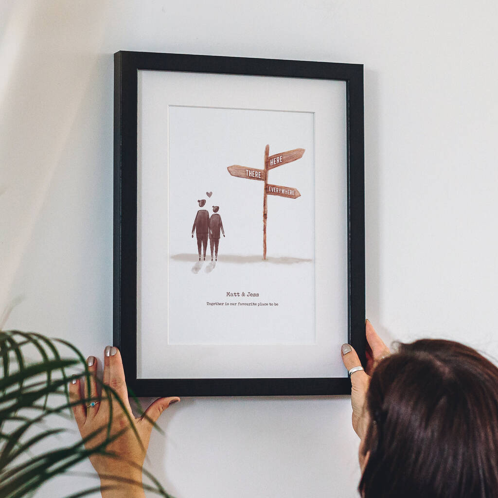 A personalised print showing an illustrated couple standing next to a signpost, with the couples name below. Framed with a black wooden frame.