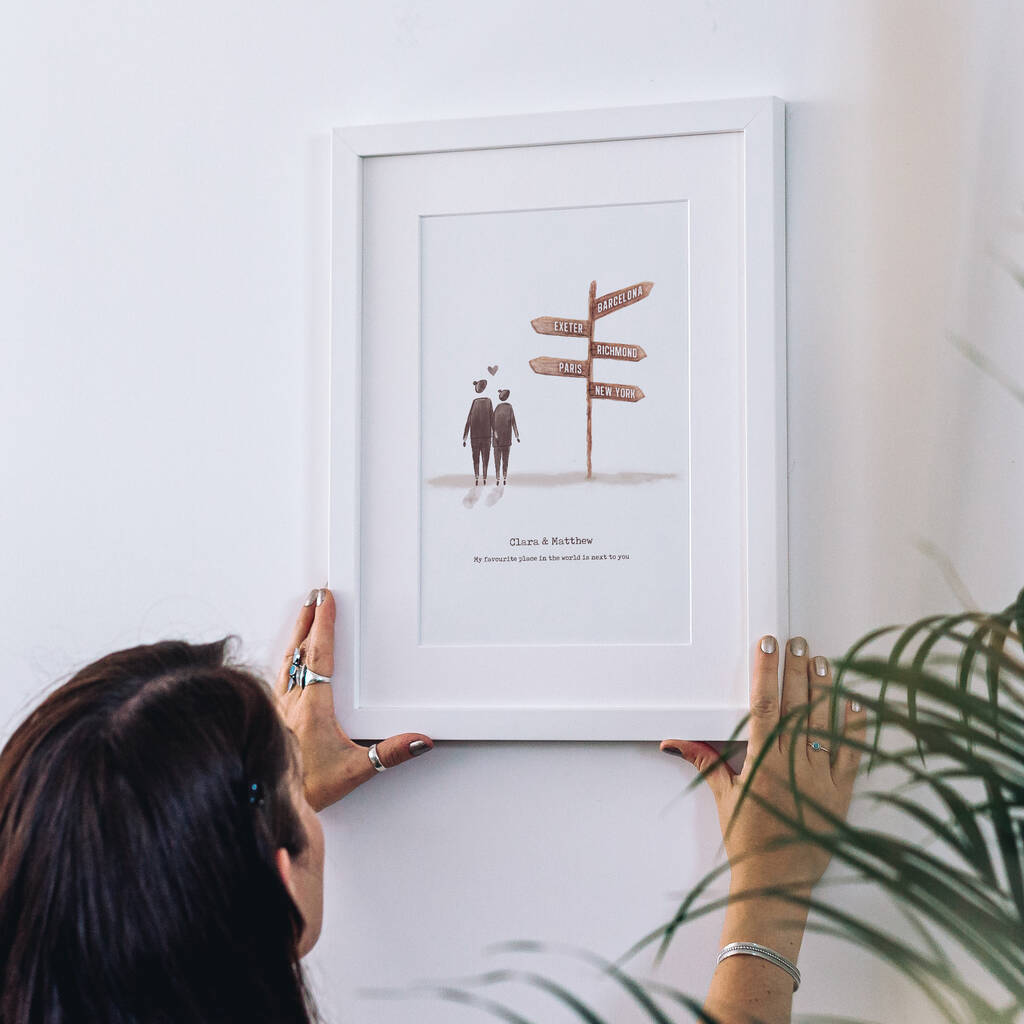 Hung on the wall is a personalised couple signpost print, framed in white. The illustrated couple stand next to a signpost with 5 different destinations named.